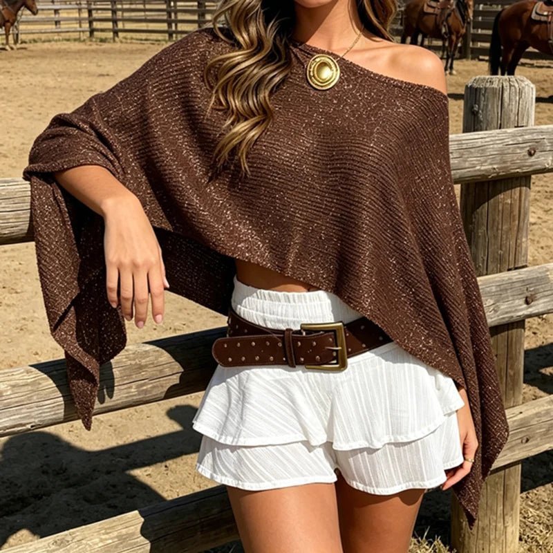 SOERA Bianca Shimmer Off-Shoulder Poncho Cape - Poncho - Black