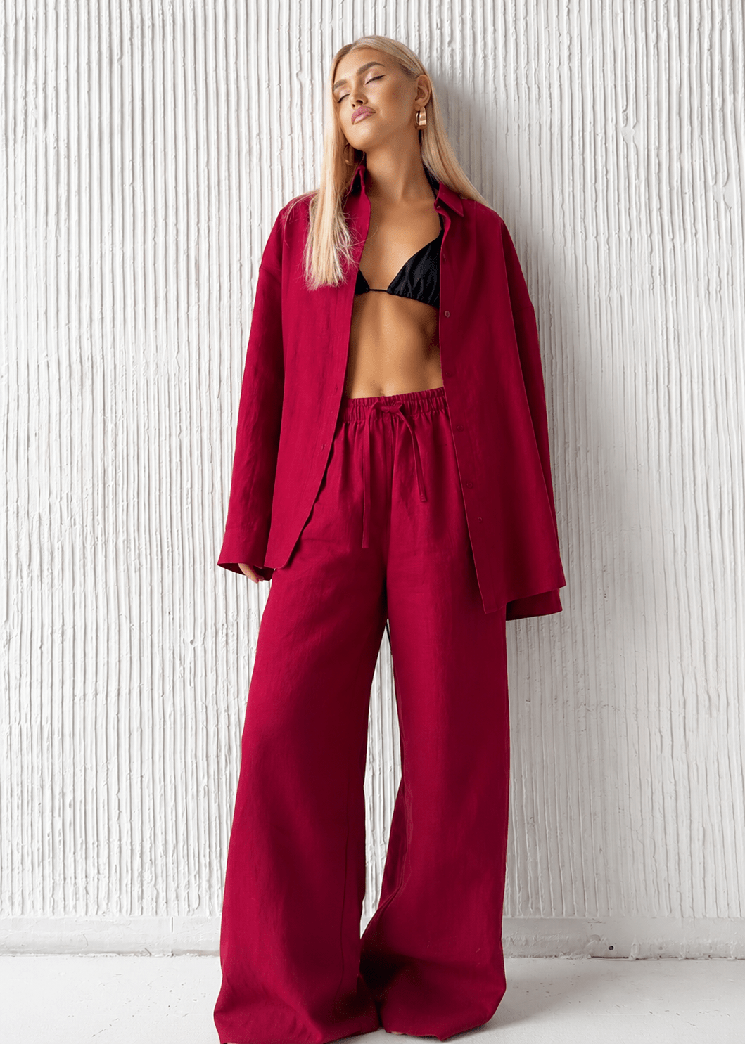 SOERA Bianca Relaxed Cotton Shirt & Wide-Leg Pants Set - Set - Red S