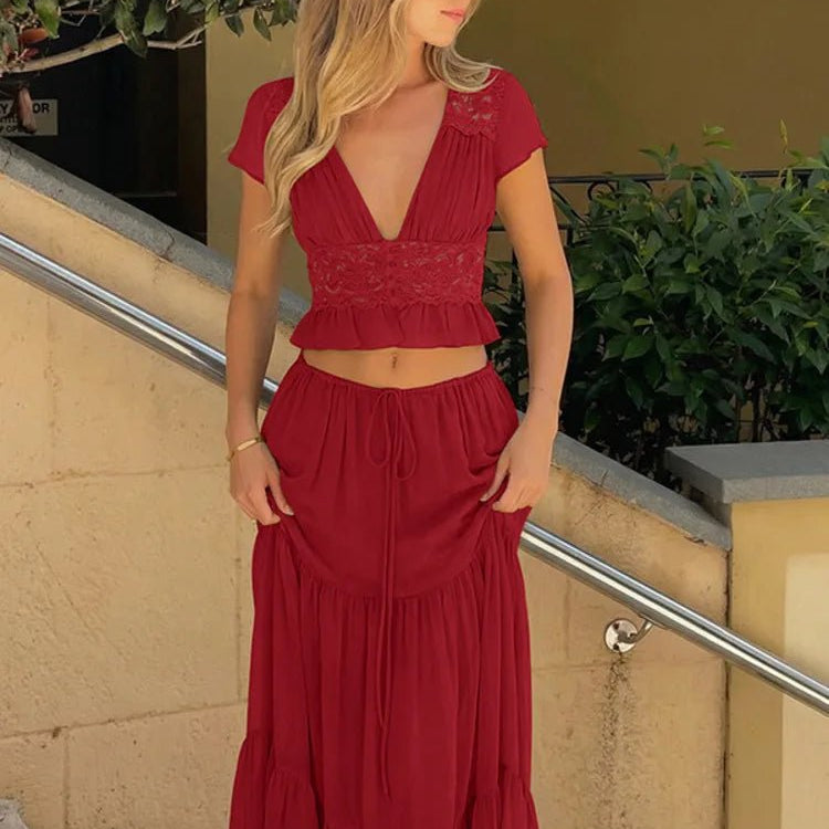 SOERA Morrigan Lace Chiffon Top & Skirt Set - Set - Red XS