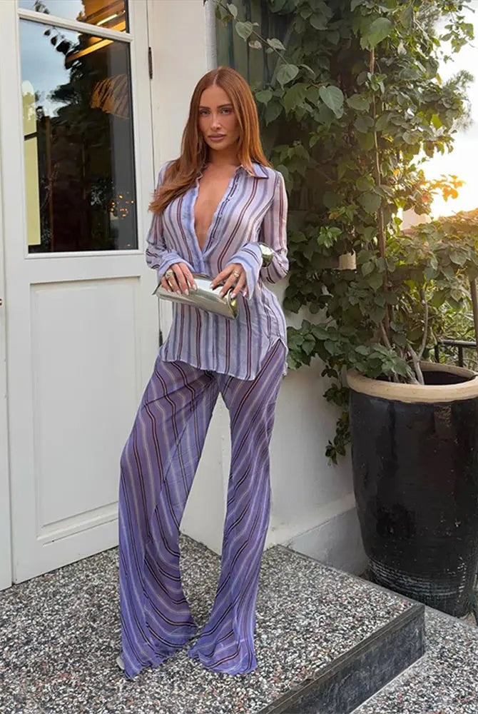 SOERA Amanda Sheer Stripe Shirt and Pant Set - Shirt - SOERA-487299-PAN-S-83715 Top & Pants S