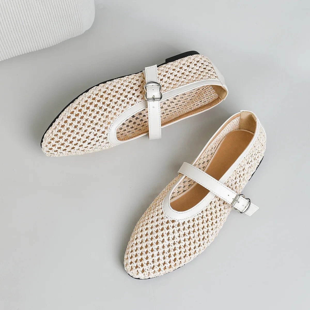 SOERA Beatrice Hollow Weave Mary Jane Flats - Shoes - Beige 38