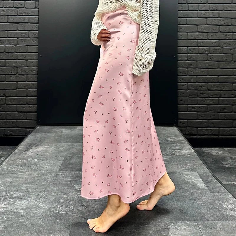 SOERA Bianca High Waist Satin Printed Midi Skirt - Skirt - Pink M