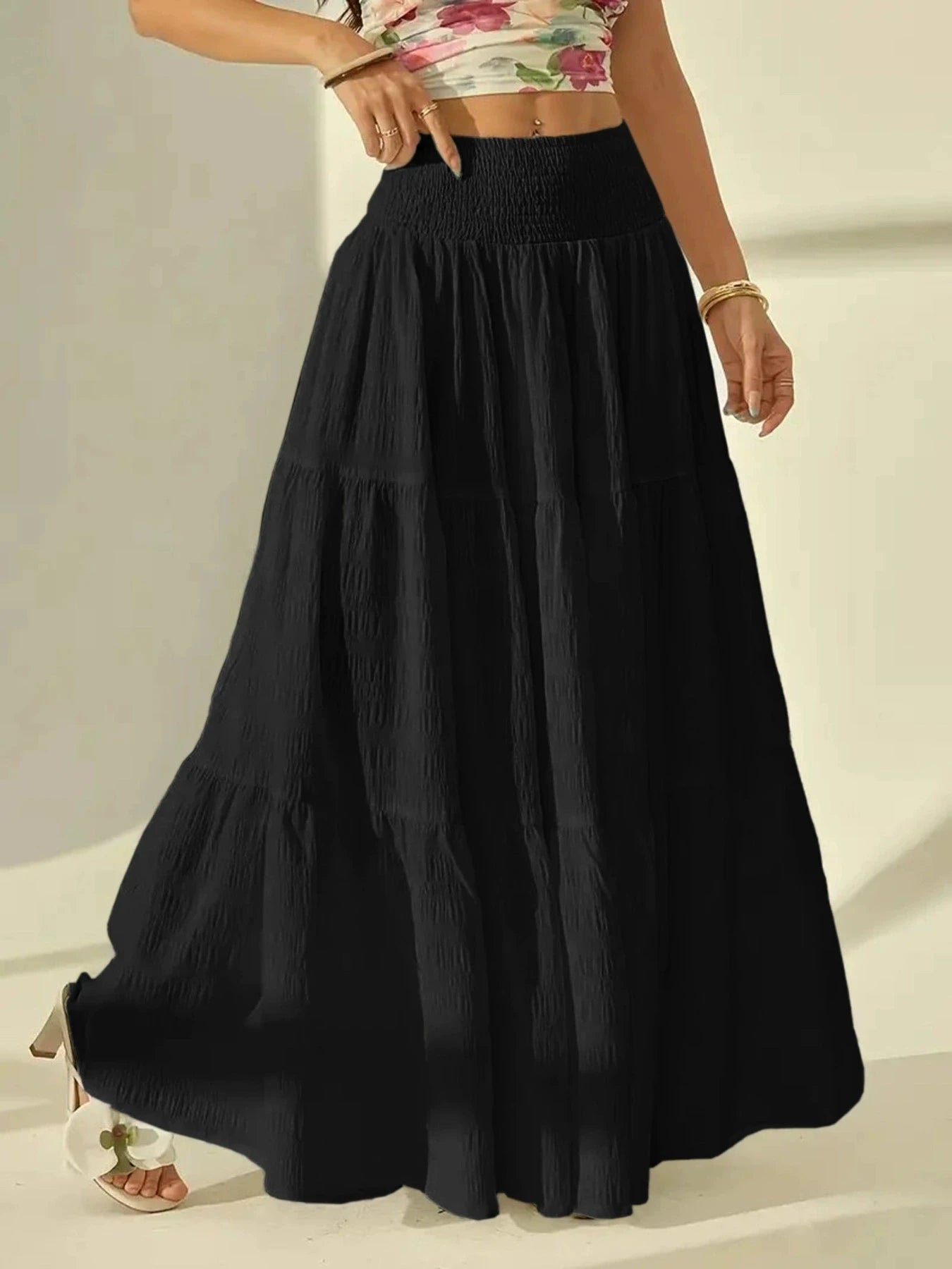 SOERA Calla Tiered Maxi Skirt Elastic Waist - Skirt - Black S