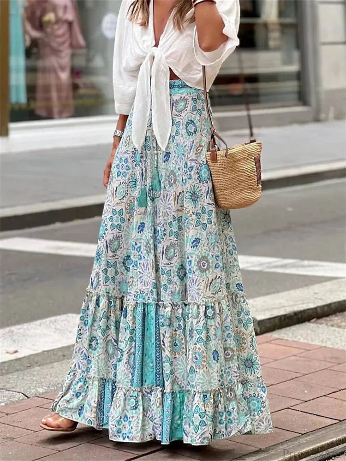 SOERA Celeste Flowy Boho Print Ruffled Hem Skirt - Skirt - Sky Blue S