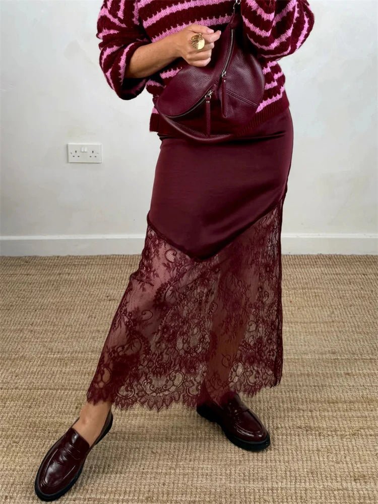 SOERA Diane Satin Lace Maxi Skirt - Skirts - 3256809822824212-;sA1765494891639558520 Brown S