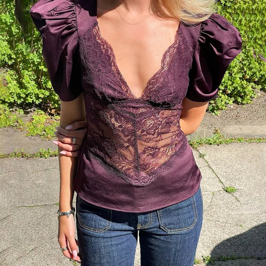 SOERA Lily Lace Plunge Top - Top - Wine XS