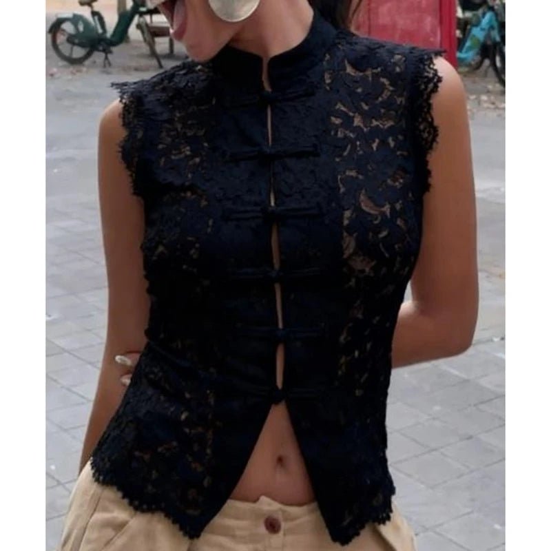 SOERA Beatrix Sheer Lace Mandarin Collar Blouse - Tops - Black S