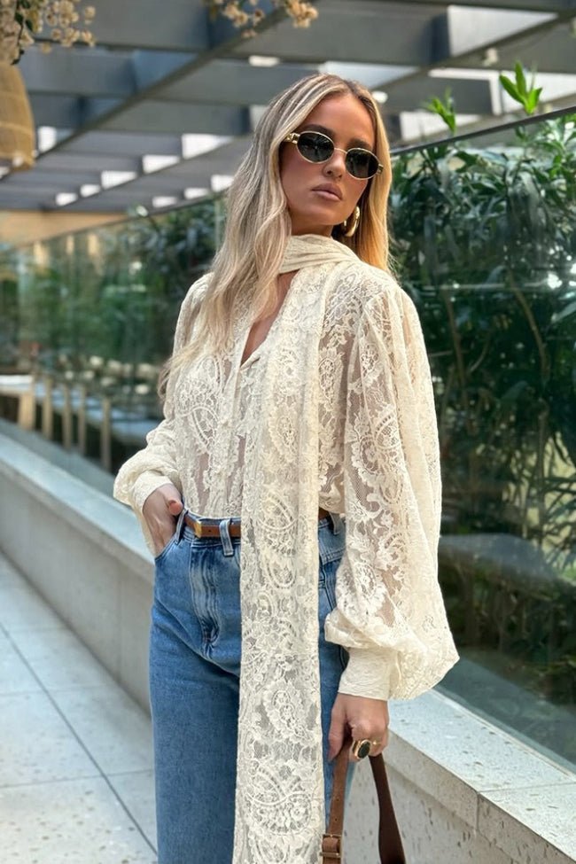 SOERA Dunja Sheer Lace Tie Blouse - Tops - Beige M