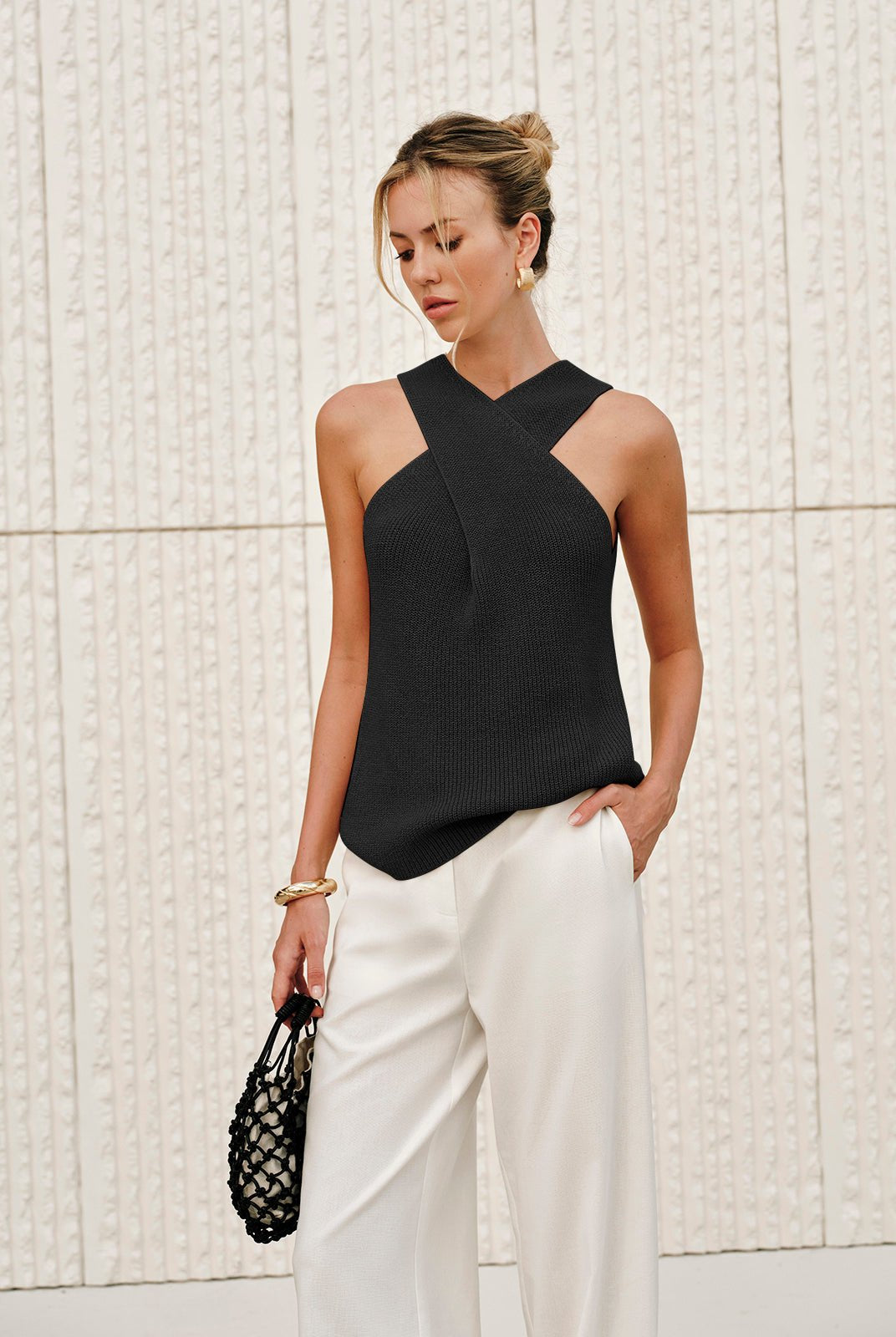 SOERA Ginny Halter Cross - Over Collar Tank Top - Tops - Black XS