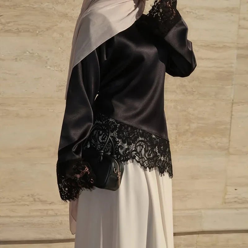 SOERA Serena Lace Satin Long Sleeve Top - Tops - Black S