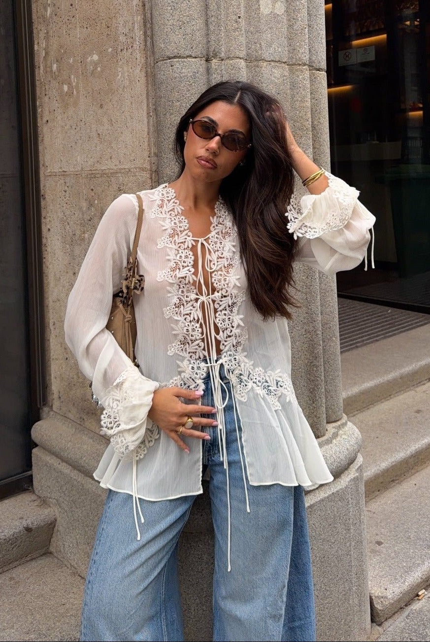 SOERA Simone Front-Tie Lace Appliqué Top - Tops - SOERA-385667-S-OS-95811 S