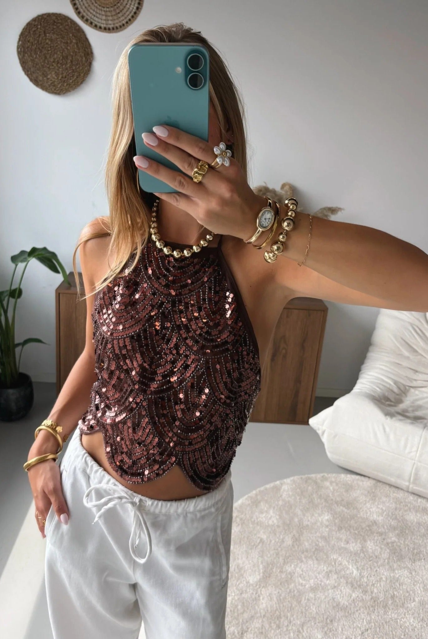 SOERA Sophia Sequin Halter Top - Tops - Bronze XS