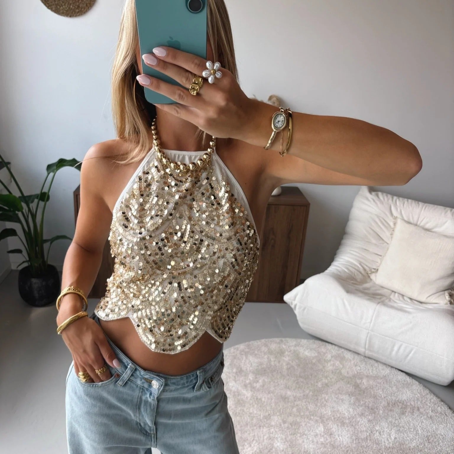SOERA Sophia Sequin Halter Top - Tops - Gold XS