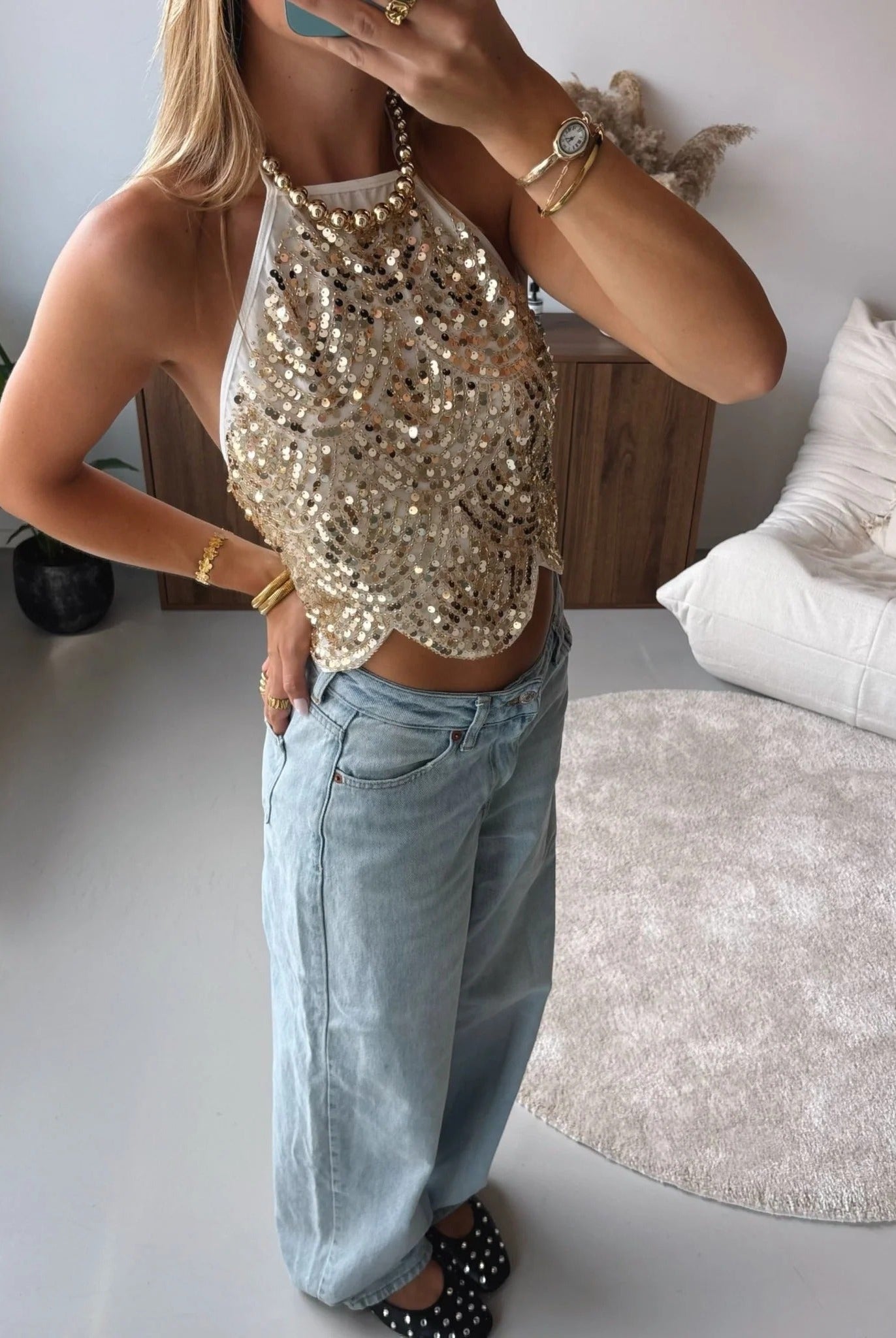 SOERA Sophia Sequin Halter Top - Tops - SOERA-695491-S-GOLD-98211 Gold S