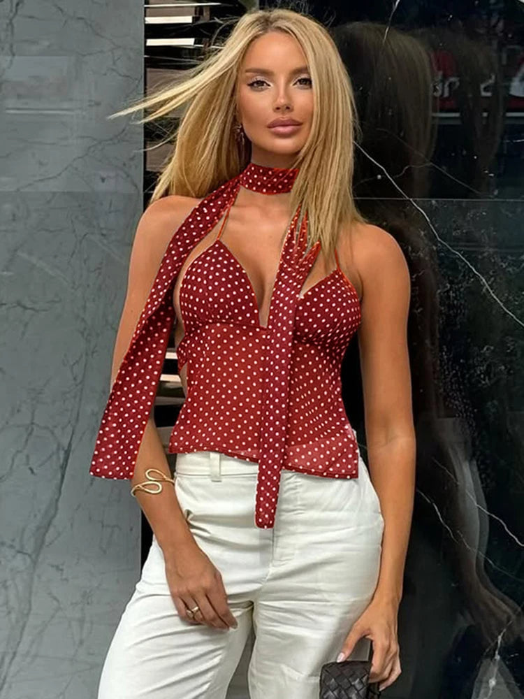 Ruffa top cami senza schiena a pois