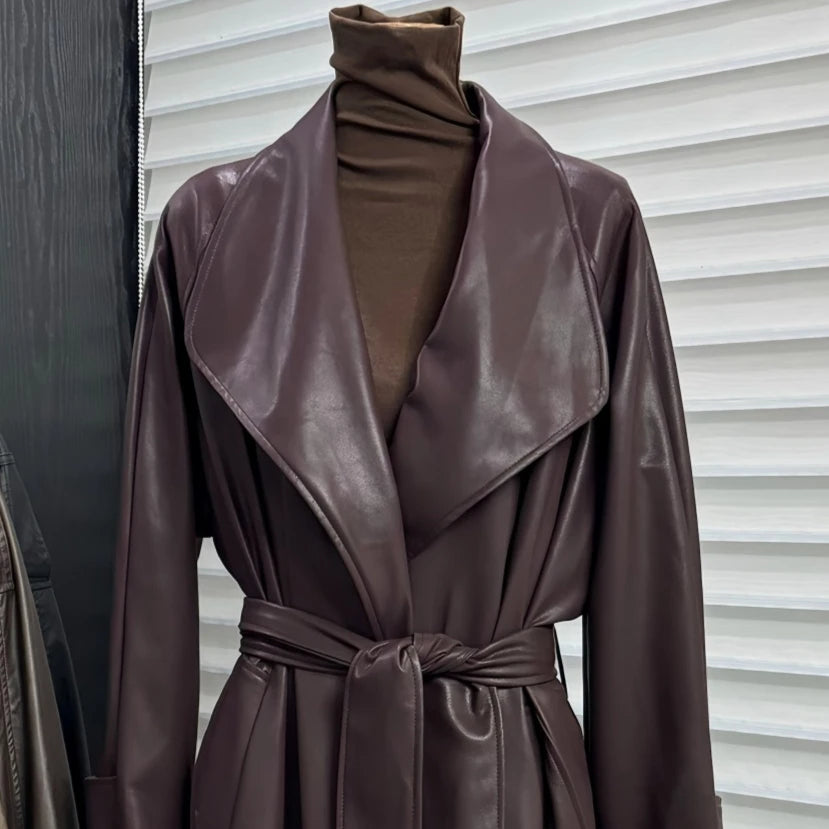 Elegant Long PU Leather Trench Coat for Women - Stylish Winter Outerwear 5