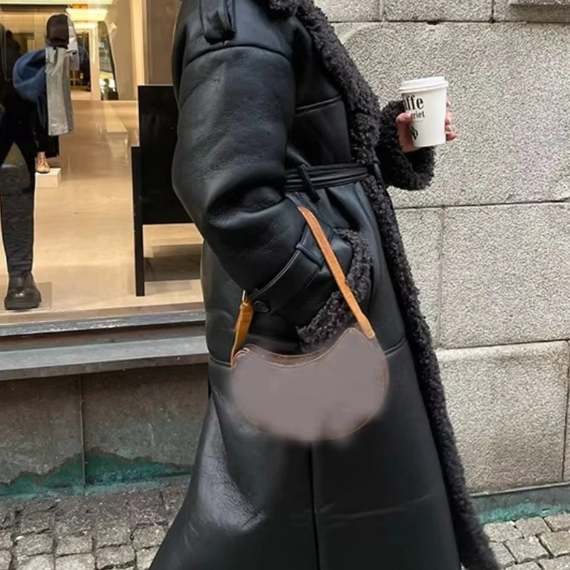 Faux Fur Leather Long Jacket Women - Chic Belted Winter Coat with Lapel and Long Sleeves for Stylish Winter Fashion 2