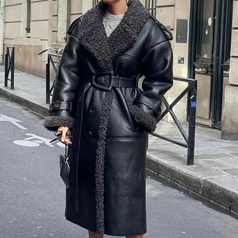 Faux Fur Leather Long Jacket Women - Chic Belted Winter Coat with Lapel and Long Sleeves for Stylish Winter Fashion 8