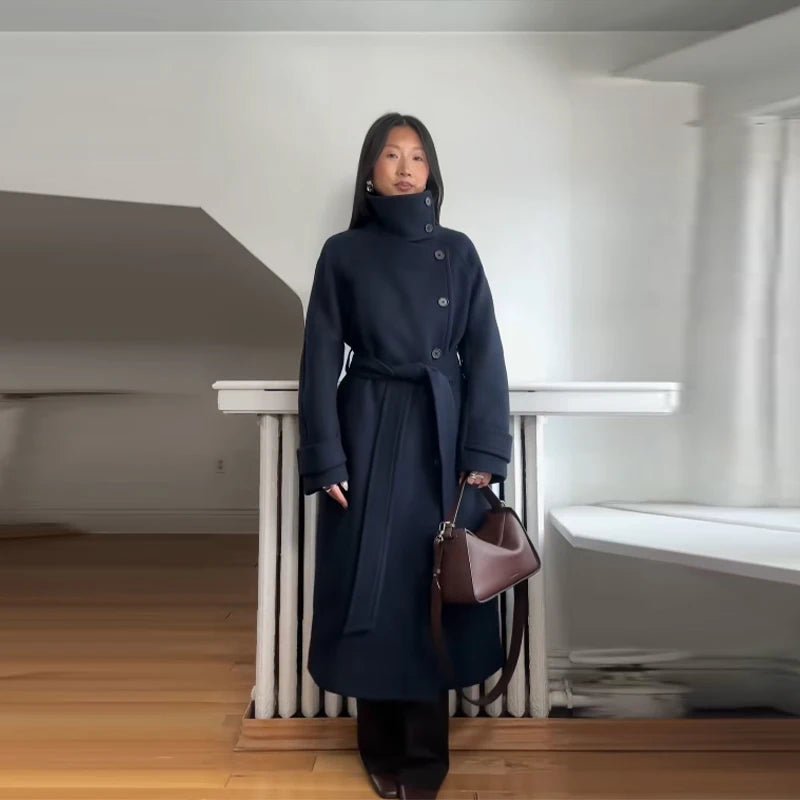 Feline Long Belted High Collar Womens Coat - Stylish Winter Outerwear 0