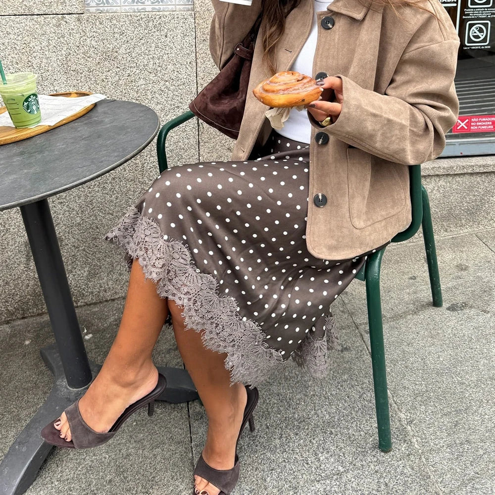 Retro Dots Print Casual Lace Midi Skirt for Women - Slim High Waist Elegant Patchwork Skirts 0