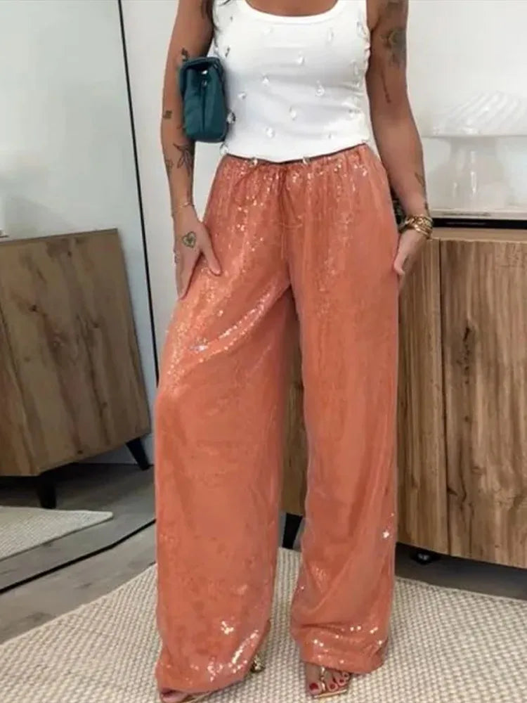 Pantaloni a gamba larga Sophia con paillettes