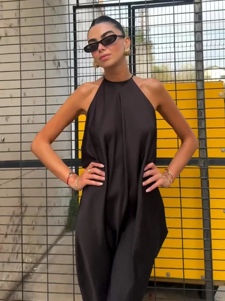 Indira abito lungo in satin con scollo halter
