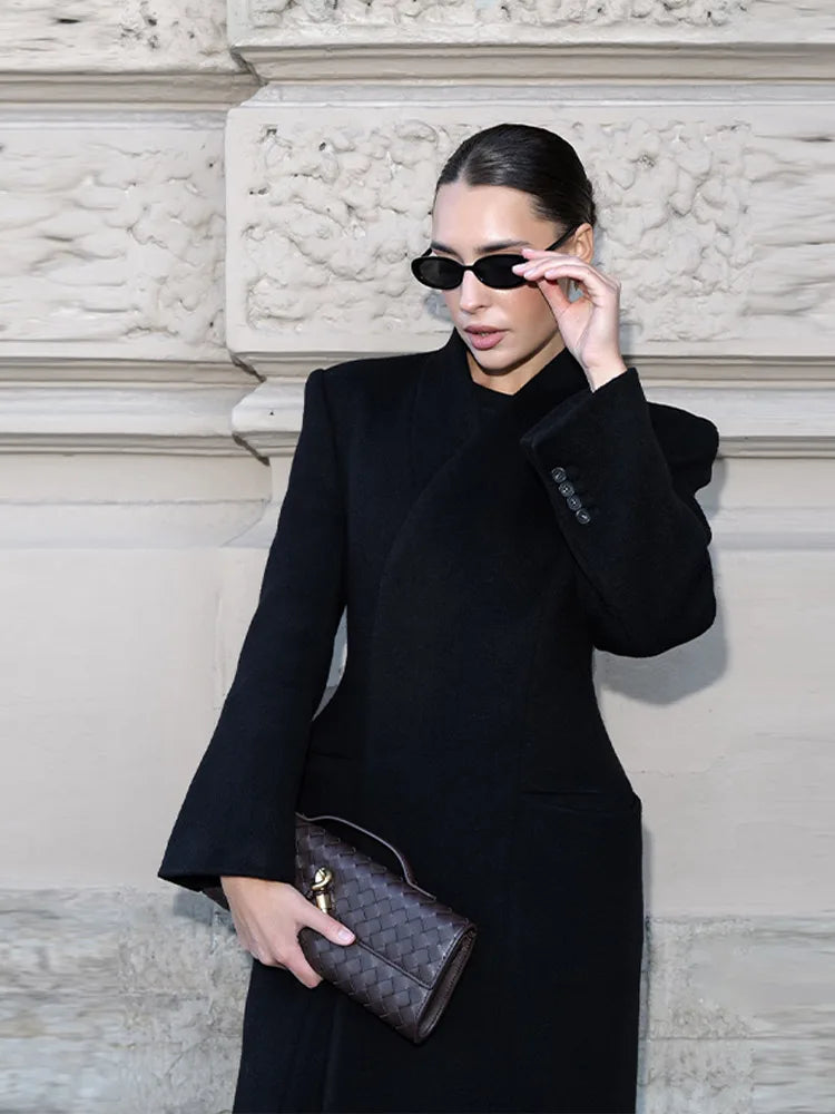 Vintage Classic Black Tweed Long Women's Coat - Elegant Winter Overcoat 0