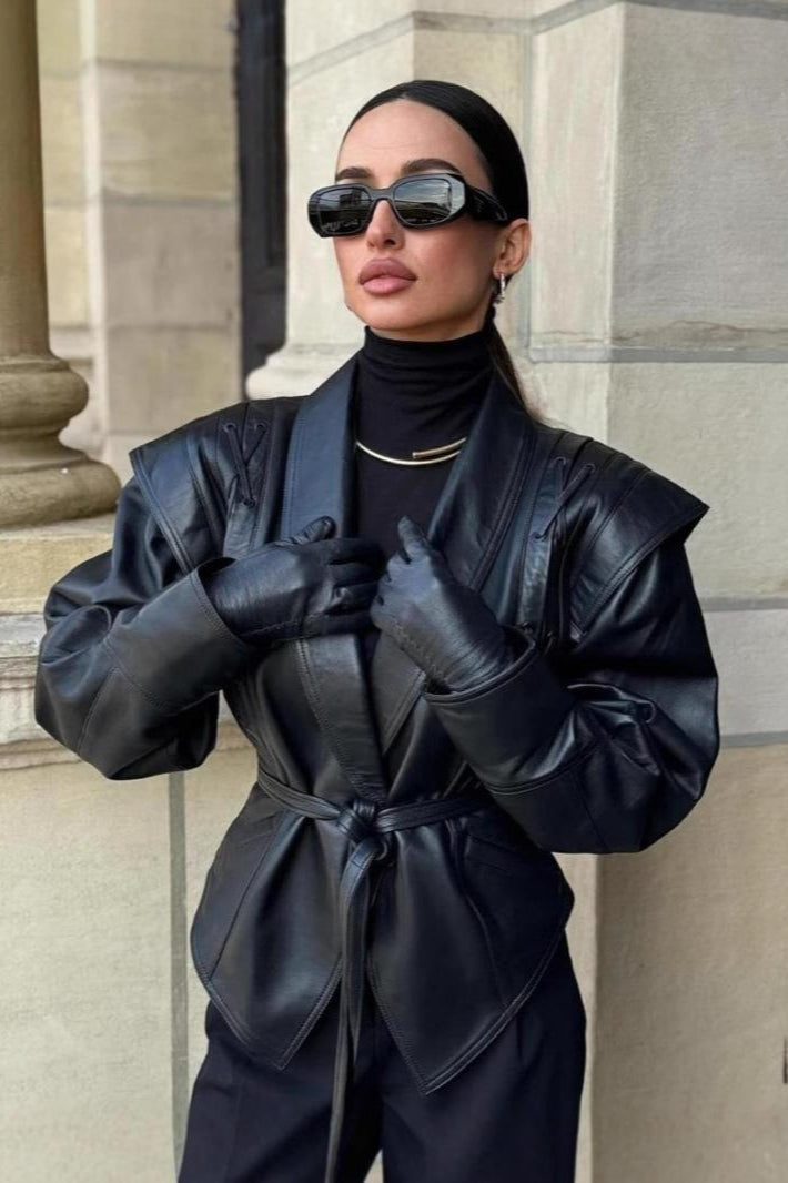 Vintage Faux Leather Jacket for Women - Regular Fit with Belt & Long Sleeves 0