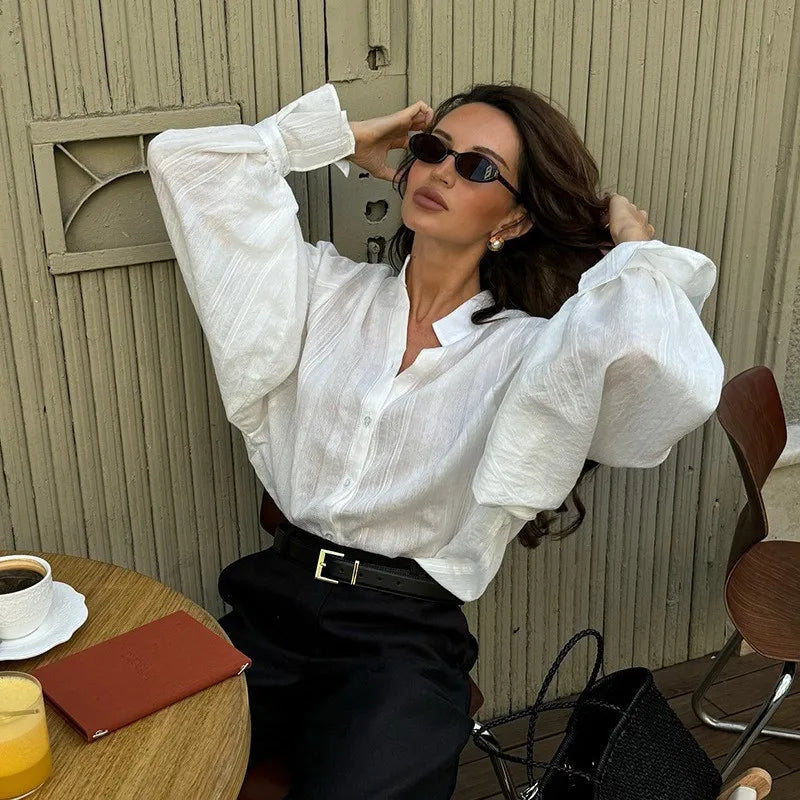 Women's White Oversized Long Sleeve Blouse - Fashionable Summer Tops for Women, Cotton Chic Shirt 0