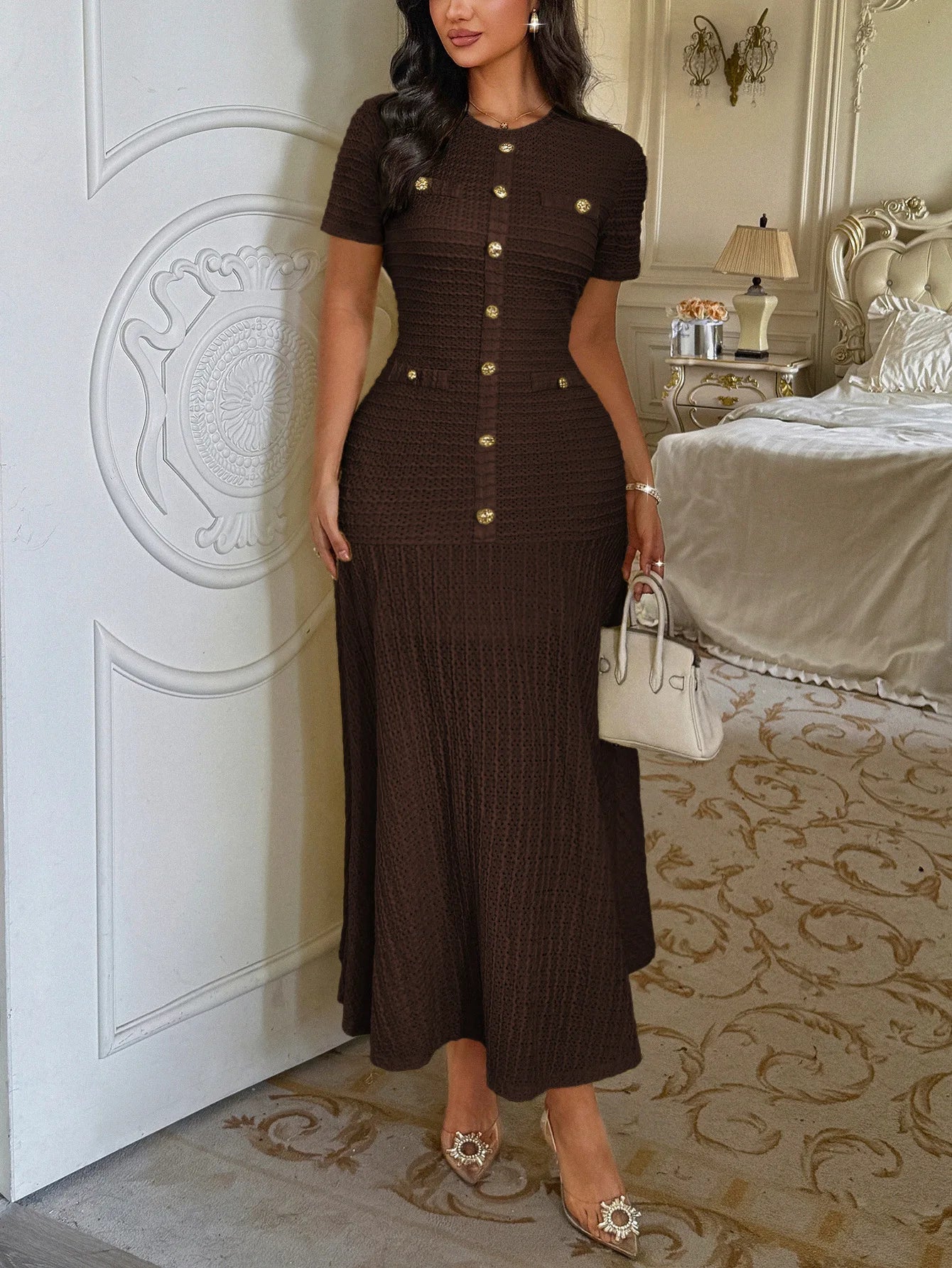 SOERA Clara Gold Button Retro Flared Midi Dress - Dresses - SOERA-672579-BRO-S-80675 Brown S