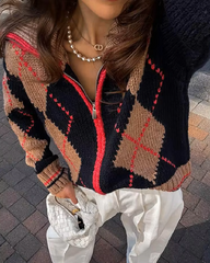 Cardigan in maglia con zip Melissa a motivo argyle e collo alto a coste