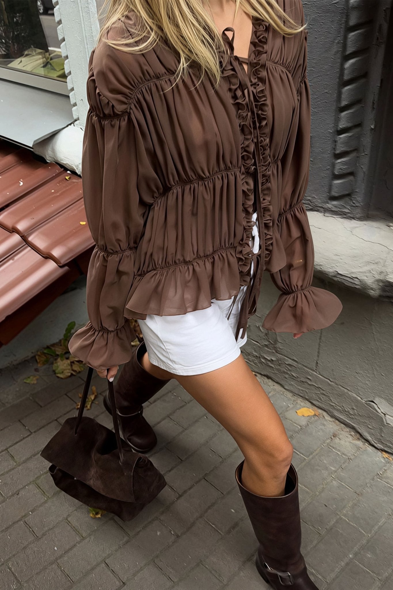 SOERA Beatrice Ruched Ruffle Tie Blouse - Blouse -  Brown L