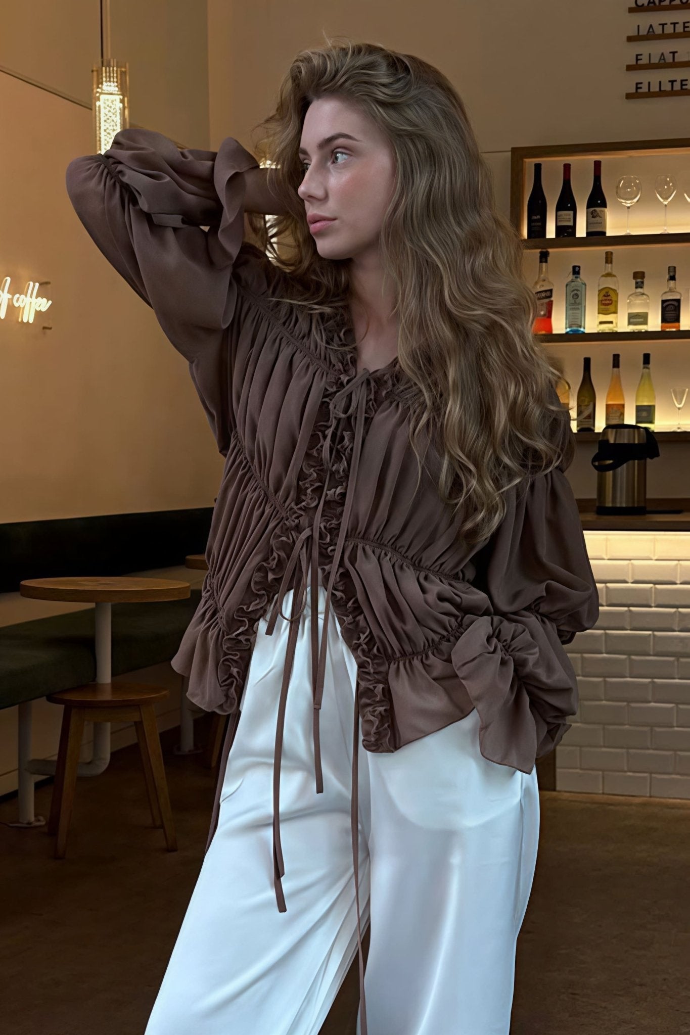 SOERA Beatrice Ruched Ruffle Tie Blouse - Blouse -  Brown M