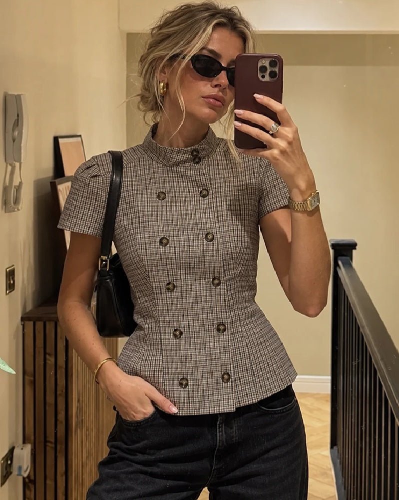 SOERA Claudia High Neck Fitted Plaid Blouse - Blouse - SOERA-213955-1-M-90755 Gray M