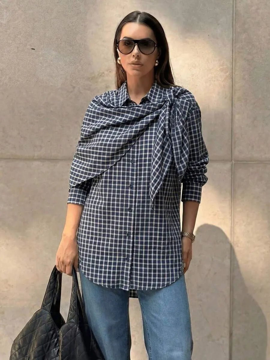SOERA Lena Plaid Scarf-Tie Shirt - Blouse - SOERA-660931-M-NAVY-44611 Navy M