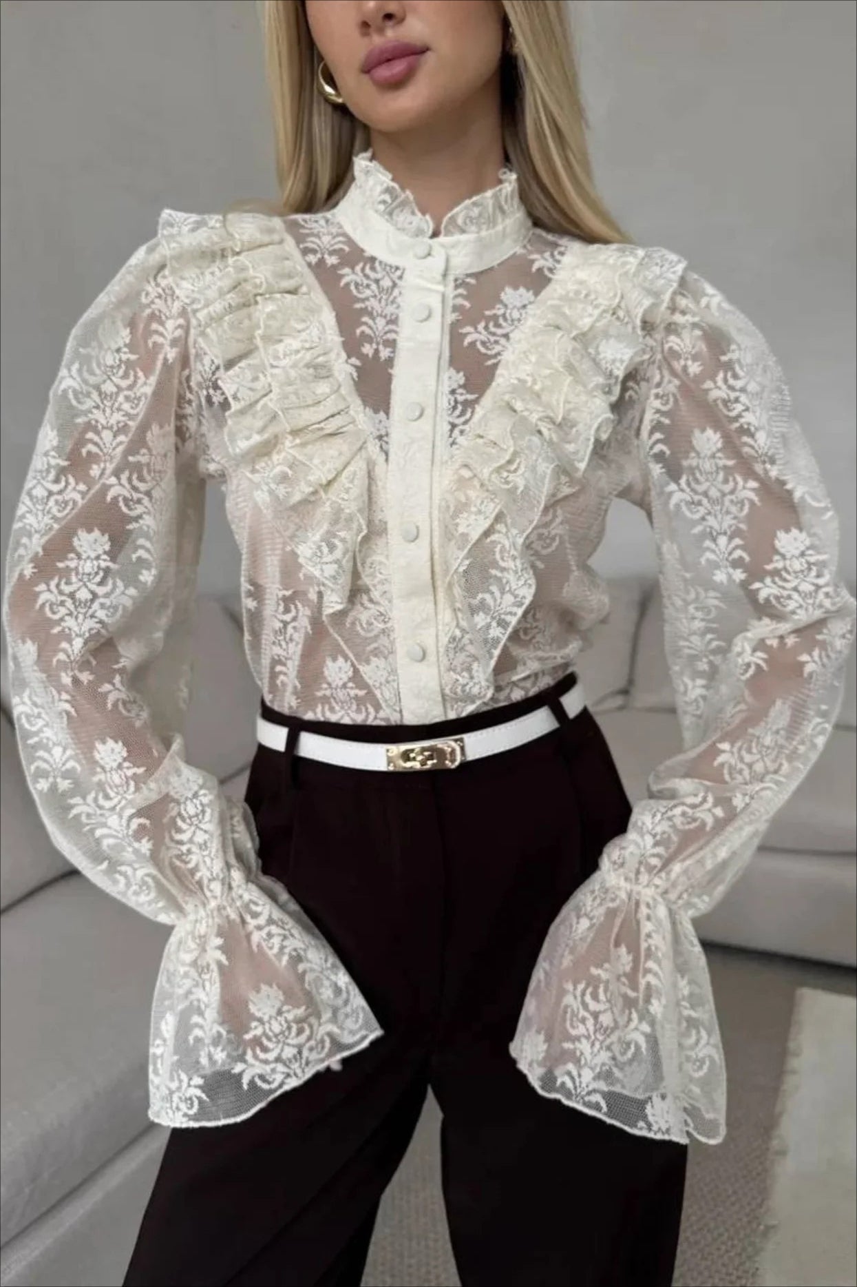 SOERA Miriam Ruffle Lace Sheer Blouse - Blouse - SOERA-381763-BEI-S-59619 Beige S