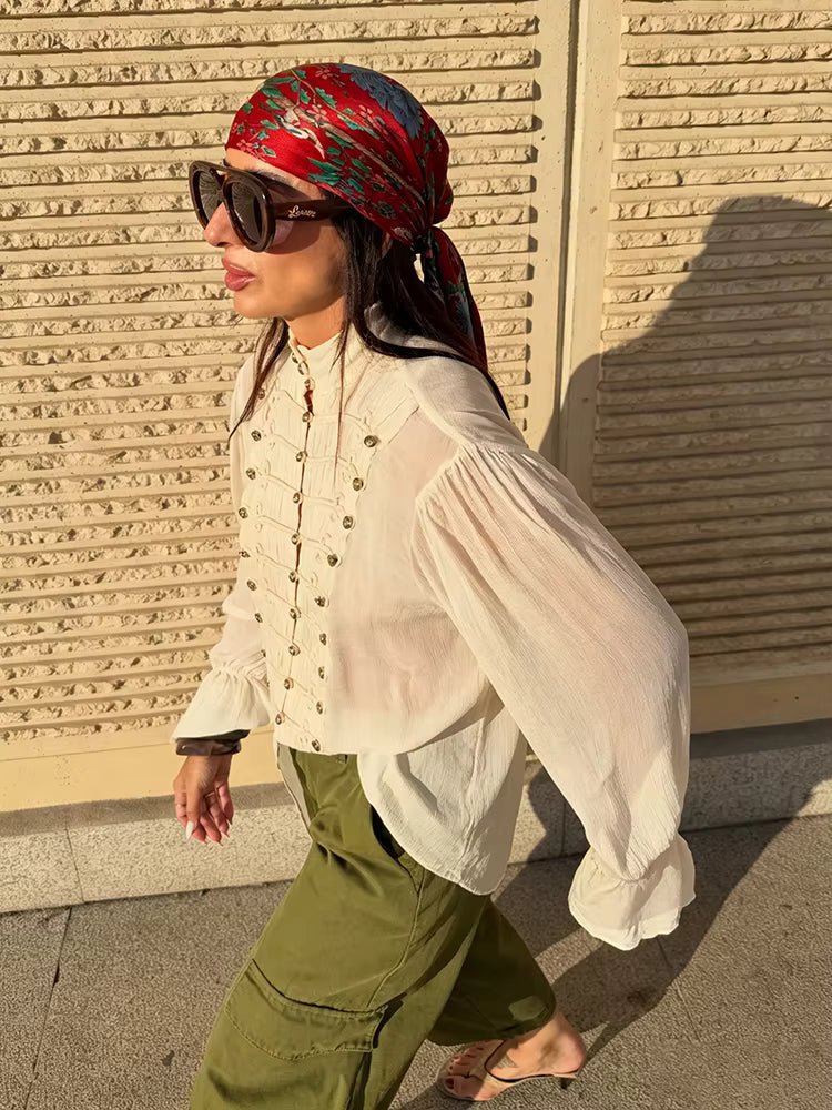 SOERA Amelie Vintage Chiffon Stand Collar Blouse - Blouses - SOERA-356547-BEI-XS-77411 Beige XS