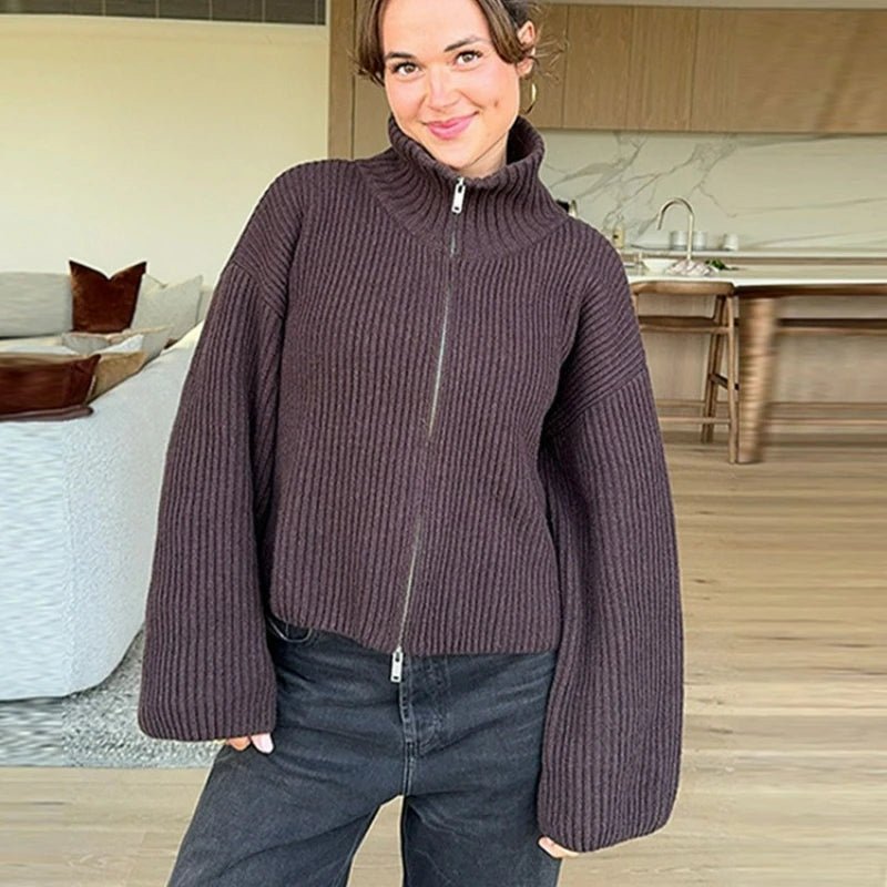 SOERA Valerie High Neck Zip-Up Cardigan - Cardigan - SOERA-605955-BRO-S-02371 Brown S