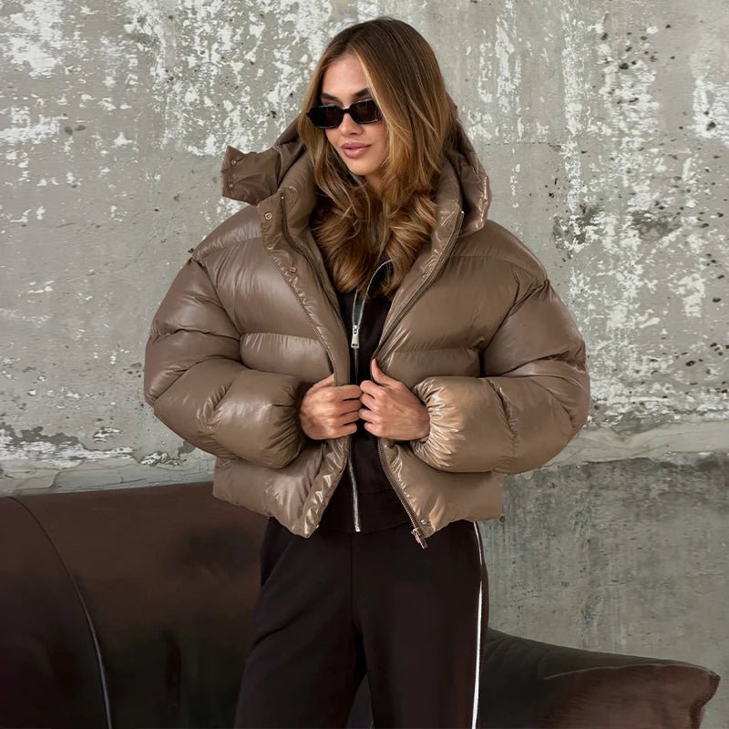 SOERA Gina Hooded Glossy Puffer Jacket - Coat - SOERA-121795-CHO-S-07939 Brown S