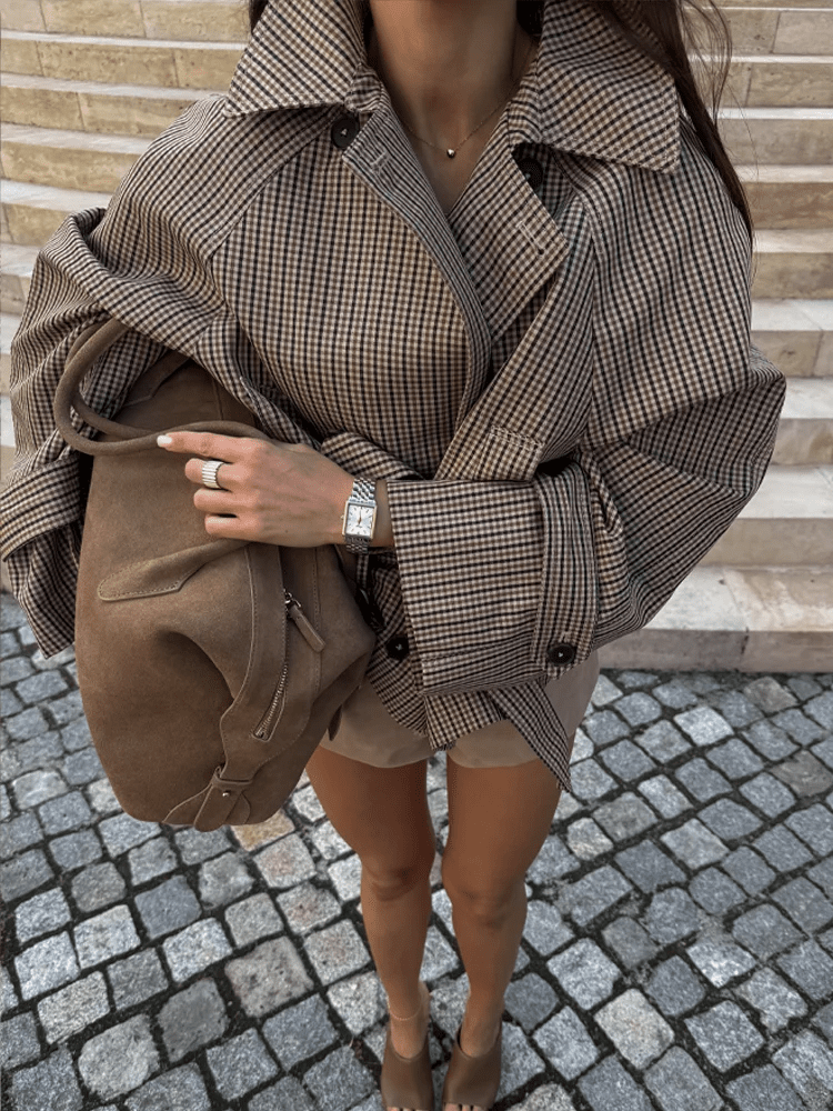 Cappotto Jasmin a Quadri con Colletto a Funnel