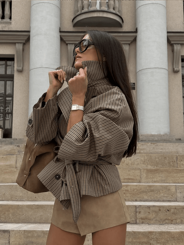 Cappotto Jasmin a Quadri con Colletto a Funnel