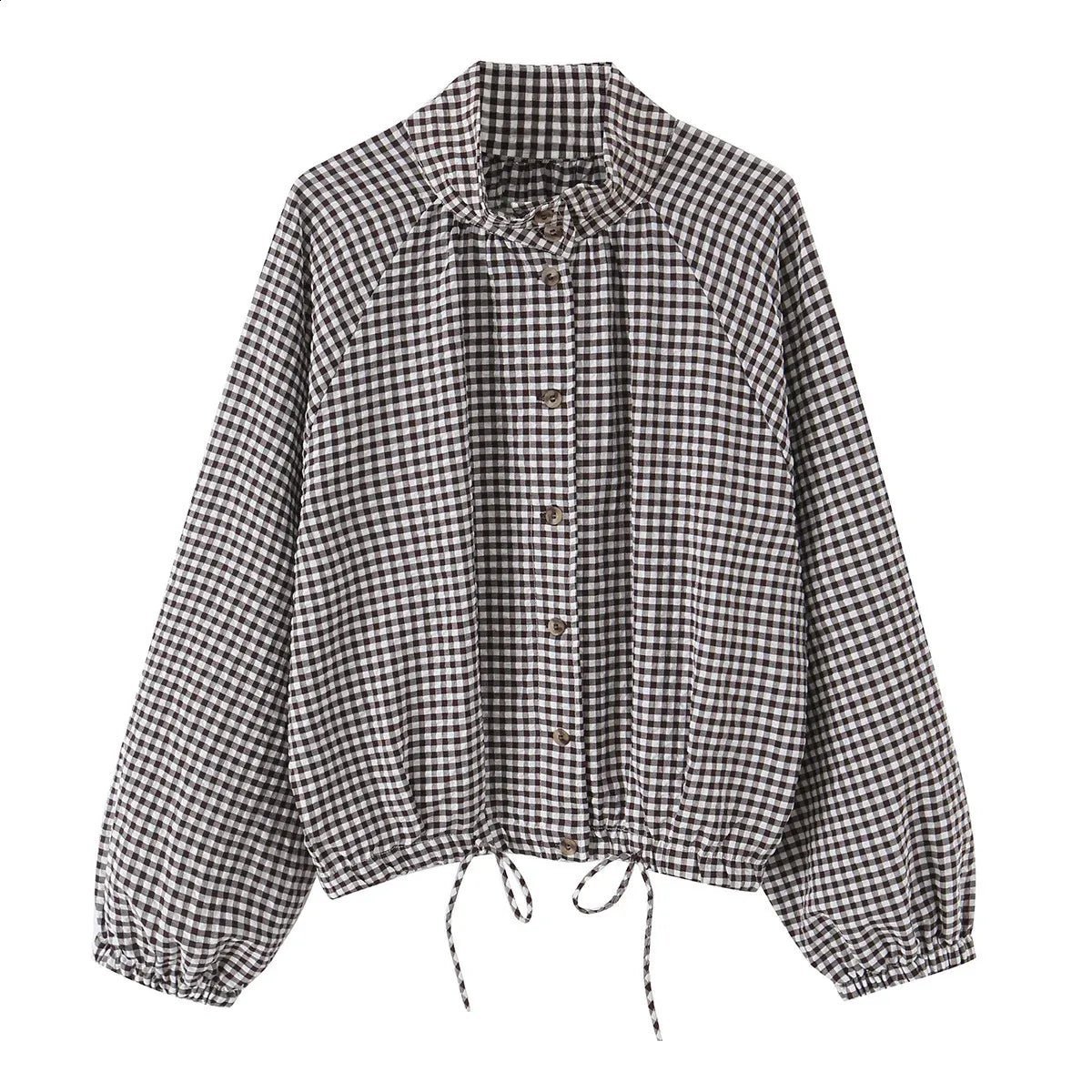 SOERA Olivia Plaid Drawstring High Neck Jacket - Coat - SOERA-447107-GRE-XS-56483 Brown XS