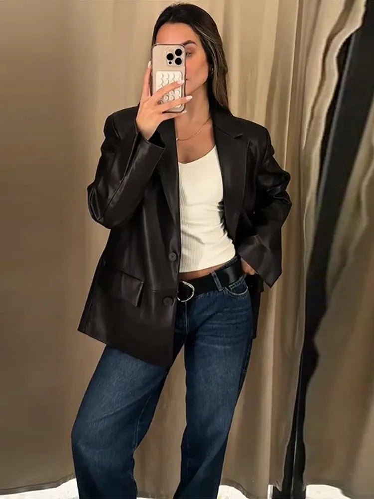 SOERA Ryza Vegan Leather Blazer - Coats & Jackets - 3256809675810968-;dM1757549903793709741 Dark Brown S