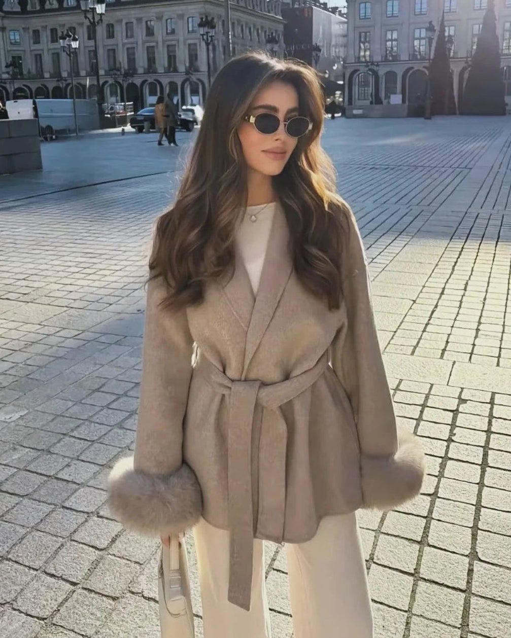 SOERA Wool Wrap Coat with Fox Fur Cuff - Coats & Jackets - 3256809512722732-;qf1766845283309419072 Short Burgundy L