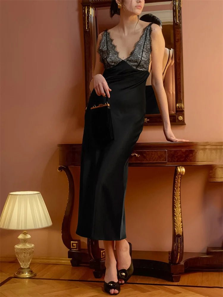 SOERA Ambre Lace V - Neck Patchwork Summer Dress - Dress -  Black S