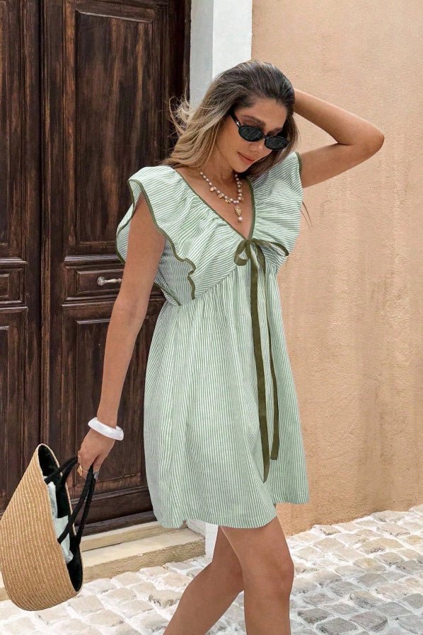 SOERA Beatrice Striped V - Neck Ruffle Mini Dress - Dress -  Green L