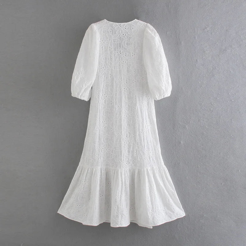 SOERA Beatrice V - Neck Embroidered Maxi Dress - Dress -  White XS