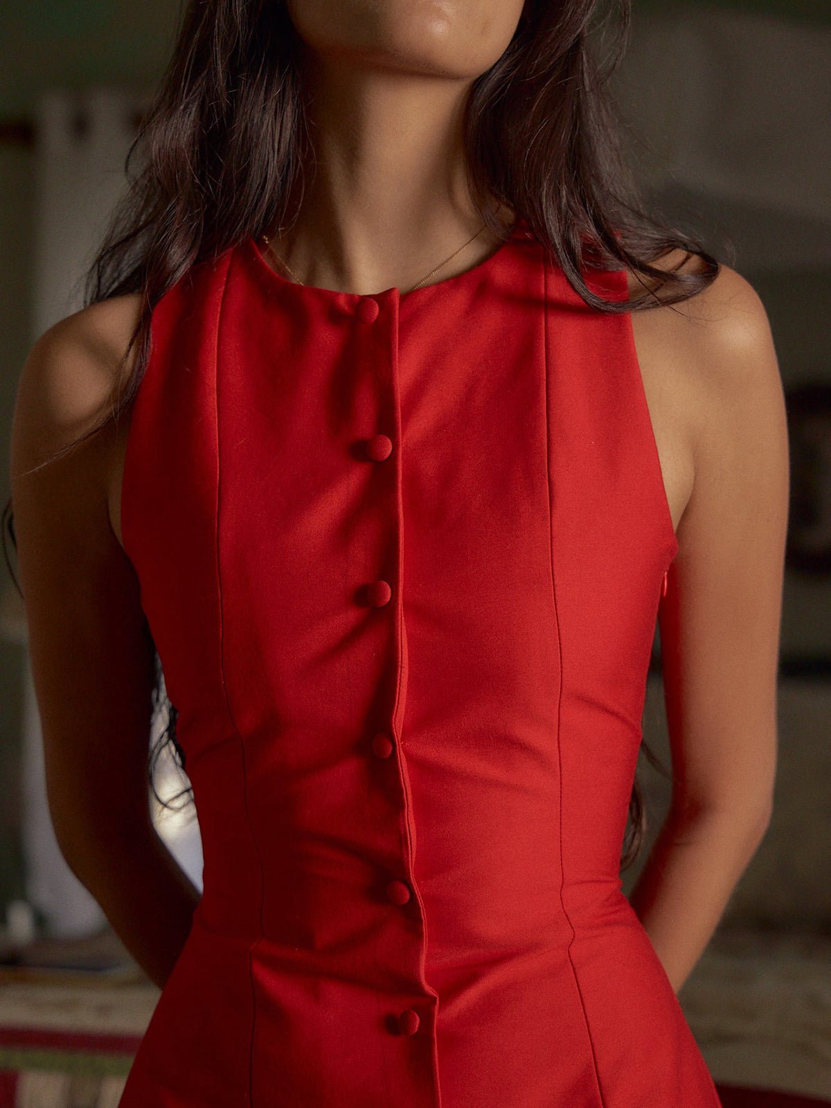 SOERA Celeste Button - Front Sleeveless Mini Dress - Dress -  Red S