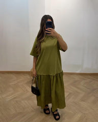 Abito midi Celeste a pieghe patchwork