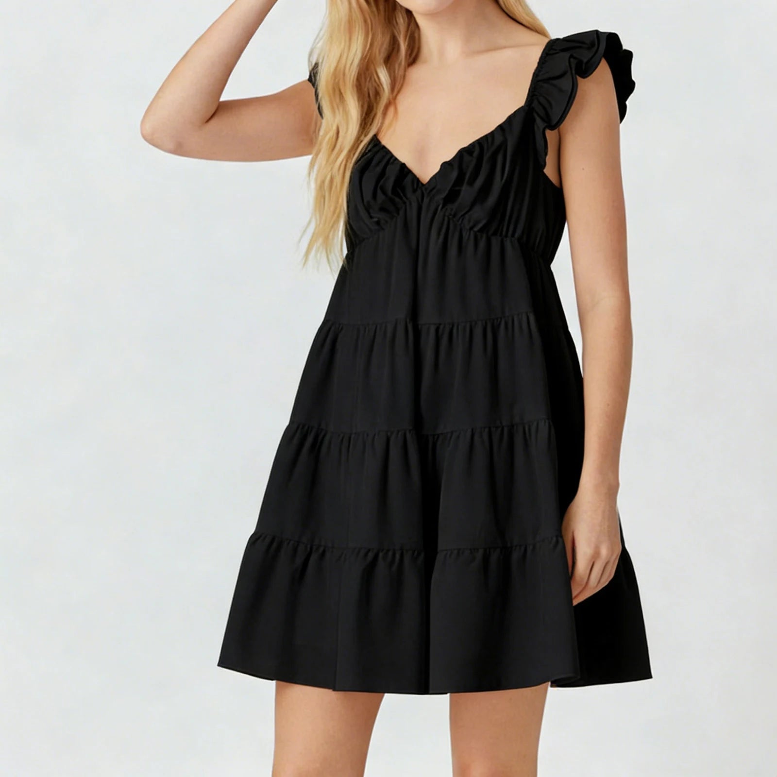 SOERA Eulalia Flutter Sleeve Tiered Mini Dress - Dress -  Black S